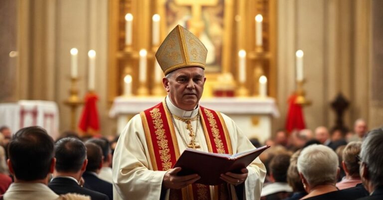 Biskup w tradycyjnym stroju liturgicznym wygłasza pouczenie przed tłumem przed ołtarzem kościelnym, podkreślając kontrast między chrześcijańskimi wartościami a nowoczesnymi ideologiami politycznymi.