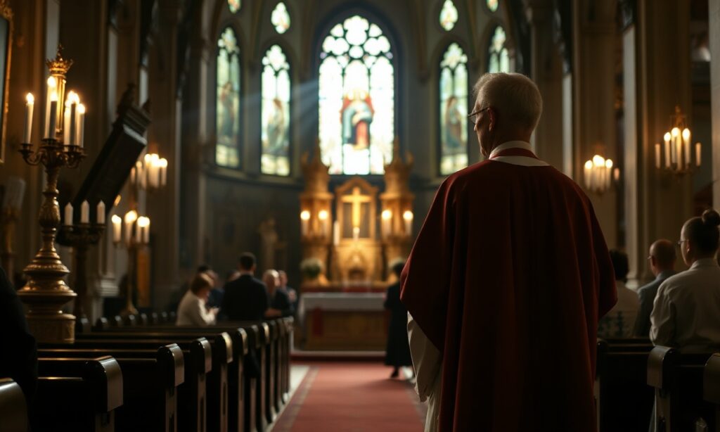 Wnętrze tradycyjnego kościoła katolickiego z ołtarzem i biskupem Marianem Eleganti w stroju liturgicznym