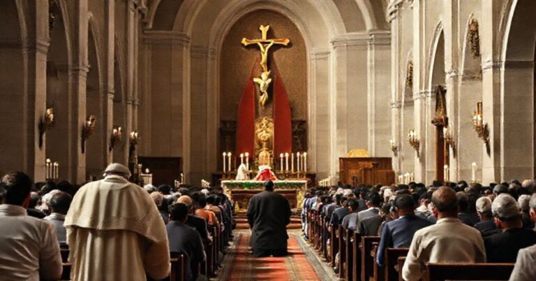 Wnętrze kościoła z tradycyjną Mszą św. Trydencką, wierni modlący się klęcząc, biskup w stroju liturgicznym w tle, nielegalni imigranci stojący blisko wejścia.