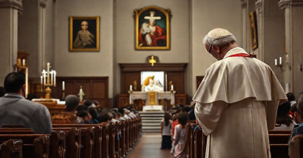 Wnętrze tradycyjnego kościoła katolickiego z rodzina nielegalnych imigrantów wahającą się na progu podczas Mszy św., biskup Michael Martin trzyma list z dyspensą od obowiązku niedzielnego.