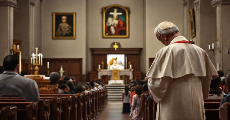 Wnętrze tradycyjnego kościoła katolickiego z rodzina nielegalnych imigrantów wahającą się na progu podczas Mszy św., biskup Michael Martin trzyma list z dyspensą od obowiązku niedzielnego.