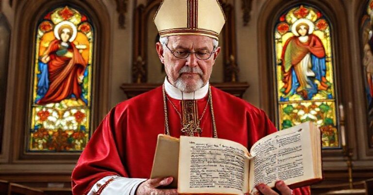 Tradycyjny biskup w pełnym stroju liturgicznym w kaplicy z ikonami Matki Bożej i Ukrzyżowania, medytujący nad nauczaniem o współodkupicielstwie Maryi.