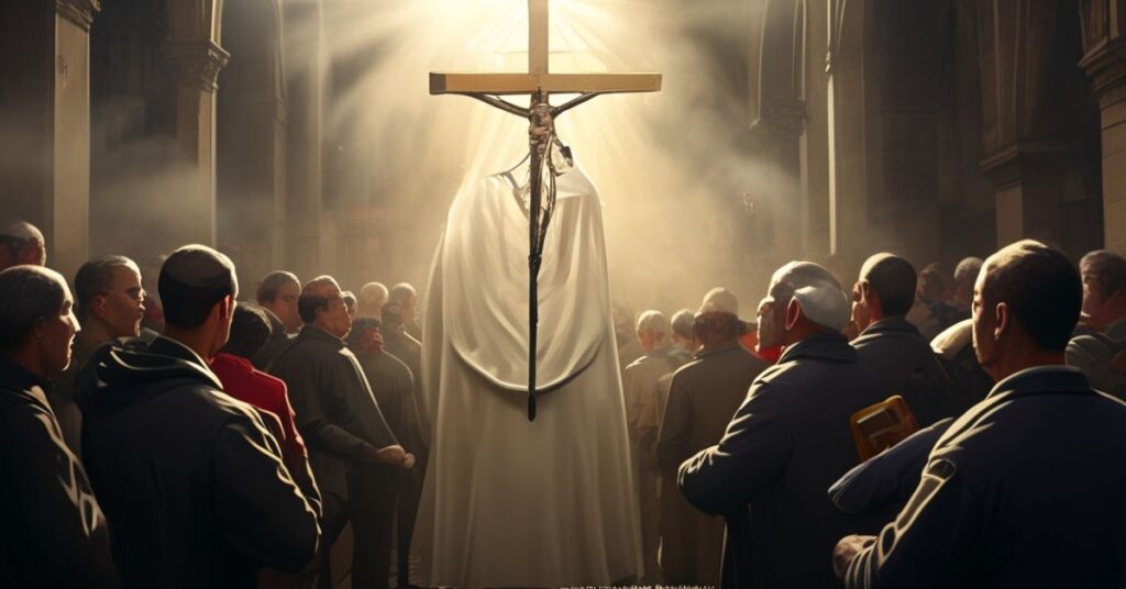 Obraz przedstawiający modernistycznego biskupa Janusza Mastalskiego przemawiającego do sportowców w Krakowie. Na tle widoczny jest krzyż, ale scena skupia się na psychologicznej kontroli zamiast duchowym walce.