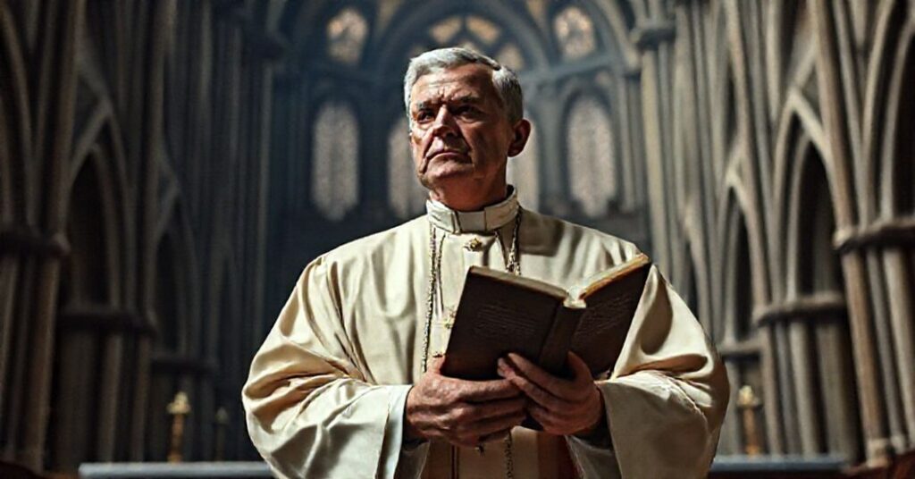 Tradycyjny biskup katolicki w szatach liturgicznych stoi przed ołtarzem w ciemnym kościele gotyckim.