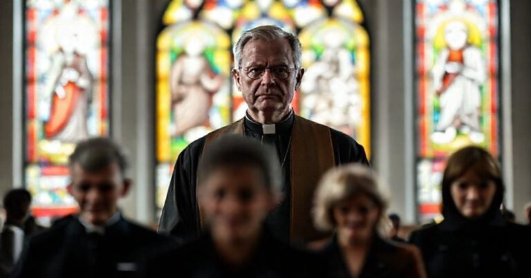 Portret biskupa Bertrama Meiera w modernistycznym wnętrzu kościelnym z symbolami osłabionej doktryny katolickiej i podziałem narodów.