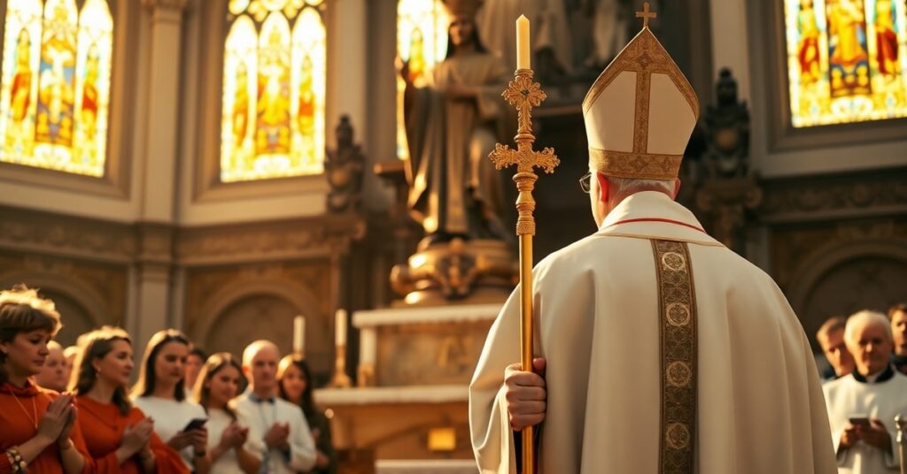 Biskup w szatach liturgicznych modli się przed figurą Matki Bożej Bardzkiej w barokowej świątyni podczas uroczystości 60-lecia koronacji
