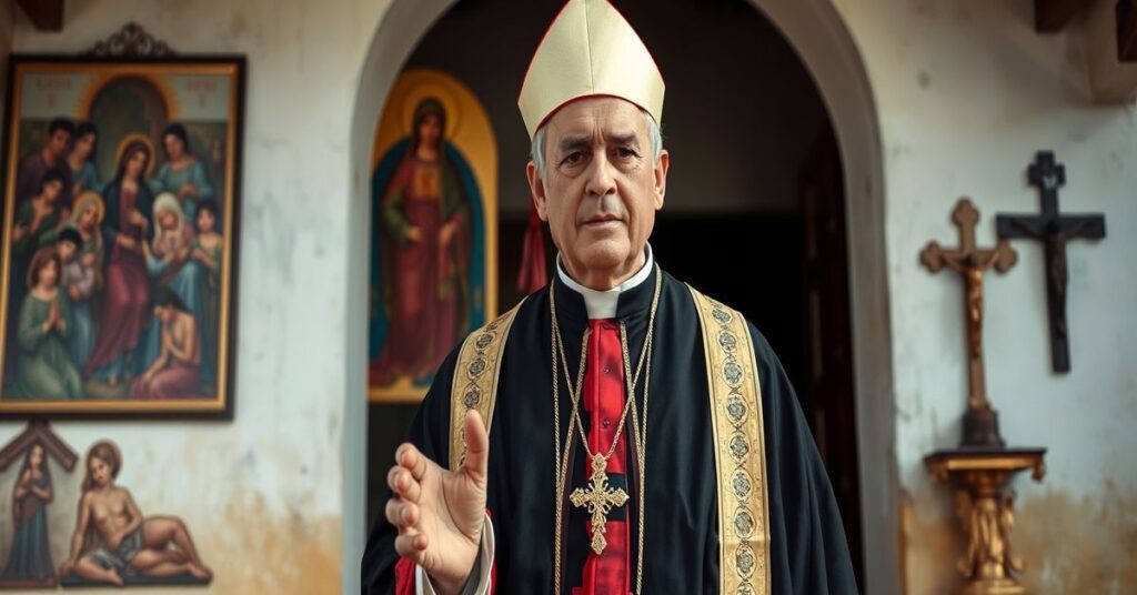 Kobieta w tradycyjnym stroju katolickim stojąca przed kościołem na Filipinach z wyrażeniem troski na twarzy, symbolizująca problem handlu ludźmi