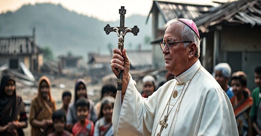 Biskup w tradycyjnych szatach kościelnych stoi przed zniszczoną wioską w Mjanmie, trzymając krucyfiks, podczas gdy cierpiące cywilne—kobiety, dzieci i starzy—patrzą na niego w poszukiwaniu duchowego przewodnictwa.
