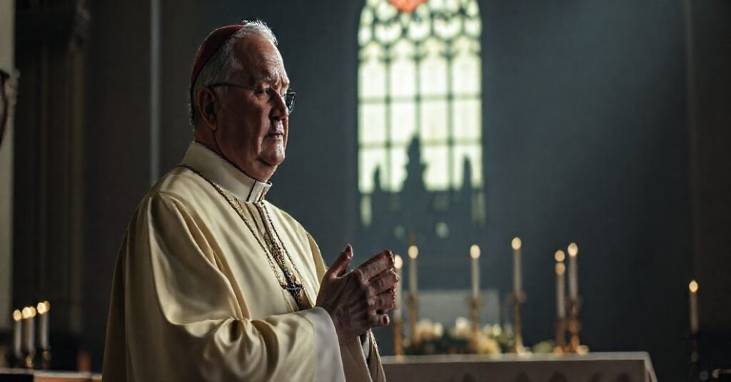 Biskup w liturgicznych szatach modli się przed ołtarzem w kościele, na tle witrażu z widokiem sądu. Scena symbolizuje konflikt między światową i duchową sprawiedliwością.
