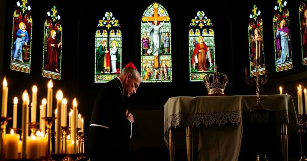 Tradycyjny katolicki biskup modlący się przed monstrancją w ciemnej kaplicy oświetlonej świecami. W tle witraże przedstawiające nauczanie z Quas Primas i Syllabus Errorum.