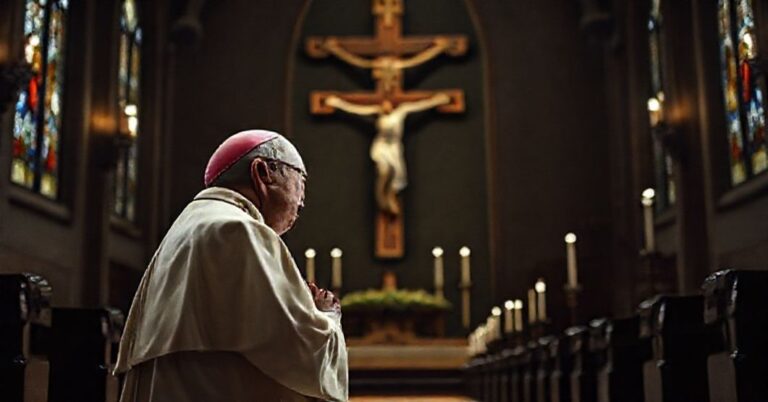 Prawdziwy katolicki biskup modli się przed krzyżem w tradycyjnej szacie liturgicznej.