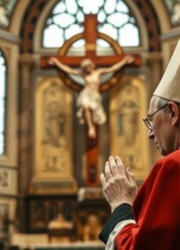 Biskup katolicki modlący się przy krzyżu w kościele Biskup katolicki modlący się w kościele przy krzyżu, symbol głębokiej religijności i tradycji katolickiej
