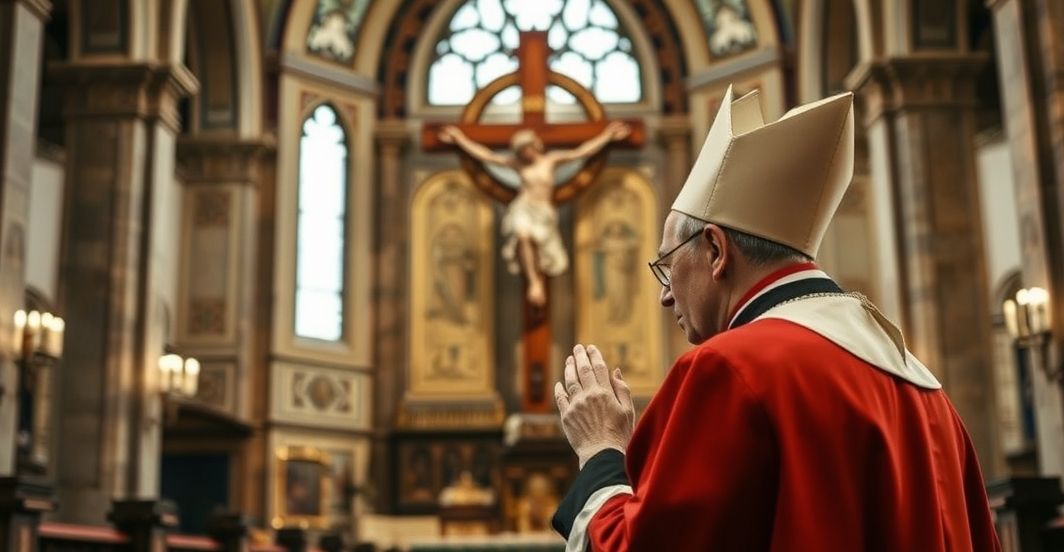 Biskup katolicki modlący się w kościele przy krzyżu, symbol głębokiej religijności i tradycji katolickiej