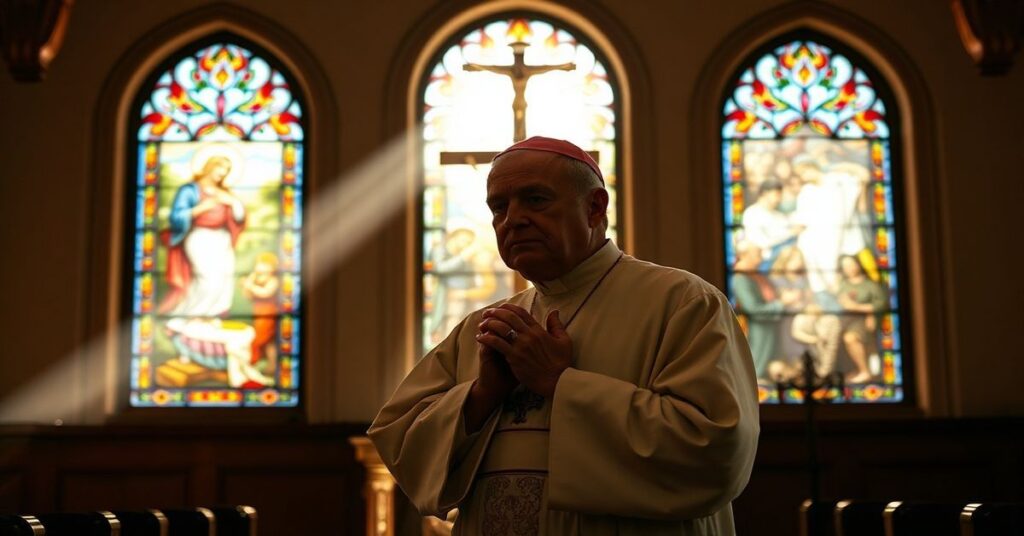 Tradycyjny katolicki biskup w kaplicy modli się przed krzyżem na tle chaosu współczesnej przemocy