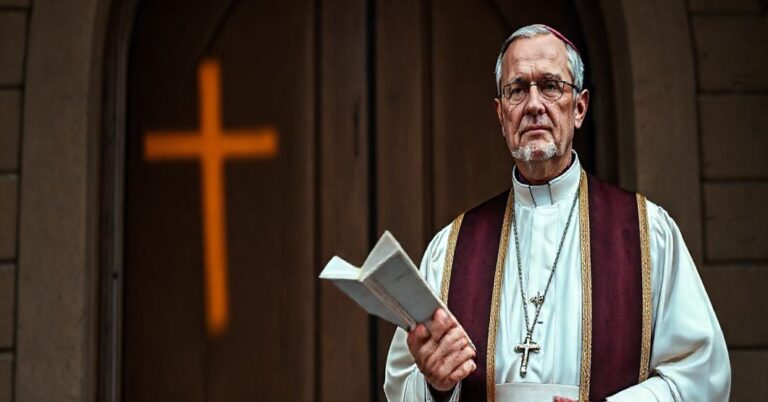 Katylicki biskup w tradycyjnych szatach liturgicznych stojący przed prostą, drewnianą drzwią kościoła, trzymający otwarty brewiarz. Jego twarz wypowiada powagę i miłosierdzie, symbolizując duchową pustkę współczesnego świata.