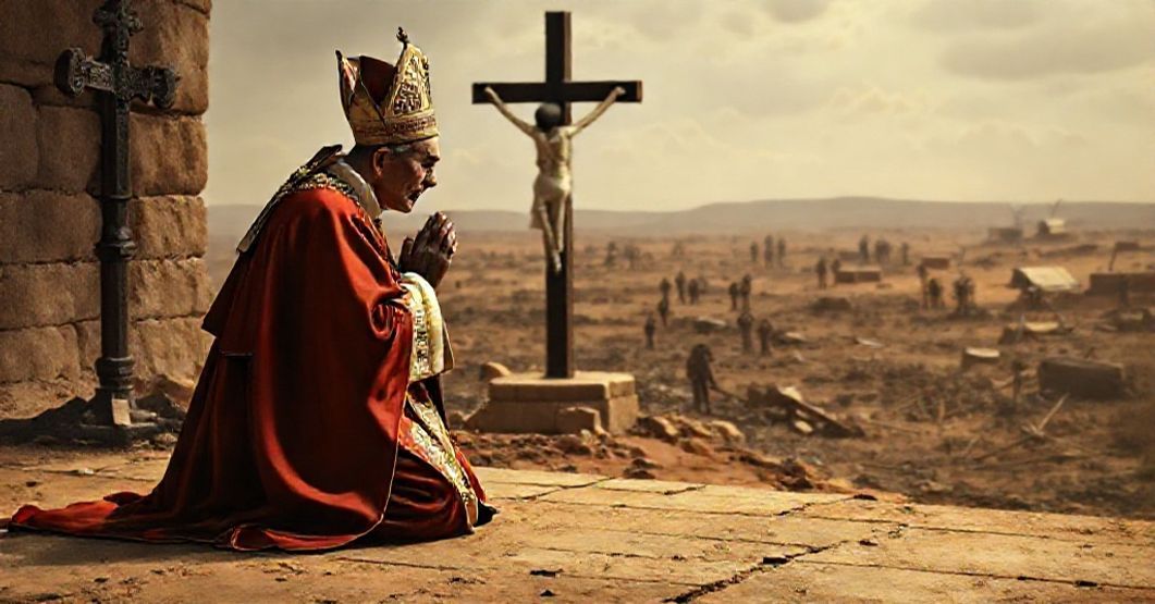 Biskup w liturgicznych szatach modli się przed krzyżem na tle zniszczonego krajobrazu Sudanu, symbolizując zwątpienie katolickich władz wobec islamskiego dżihadu