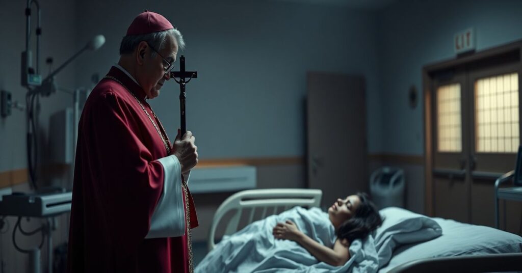 Biskup w tradycyjnym stroju kościelnym modli się nad łóżkiem cierpiącej kobiety w szpitalu