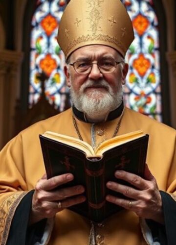 Biskup modli się o małżeństwo - obronę prawdy wiary Tradycyjny biskup katolicki w pełnej stroju liturgicznym stojący przed ołtarzem kościoła podczas modlitwy o małżeństwo.