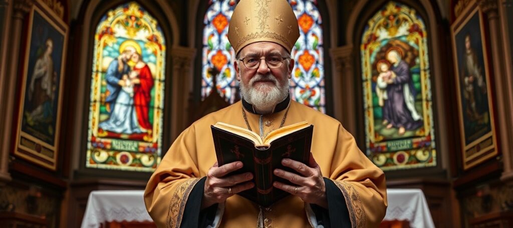 Tradycyjny biskup katolicki w pełnej stroju liturgicznym stojący przed ołtarzem kościoła podczas modlitwy o małżeństwo.