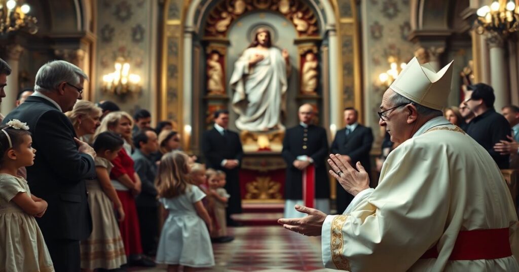 Biskup w tradycyjnych szatach liturgicznych modli się przed posągiem Serca Jezusa w ornamentalnej kościelnej wnętrzach. Wokół niego gromadzą się rodzice i dzieci - symbolizując duchową kryzys struktury posoborowej.