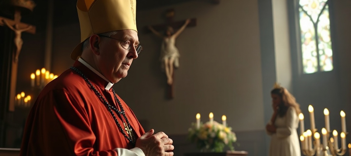 Biskup w tradycyjnym stroju kościelnym modli się w ciemnej kaplicy przed krzyżem i świecami