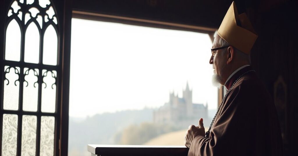 Biskup katolicki modli się w starym kościele przed ołtarzem z różańcem w ręku, symbolizując potrzebę duchowego przywrócenia Litwy do Kierownictwa Chrystusowego