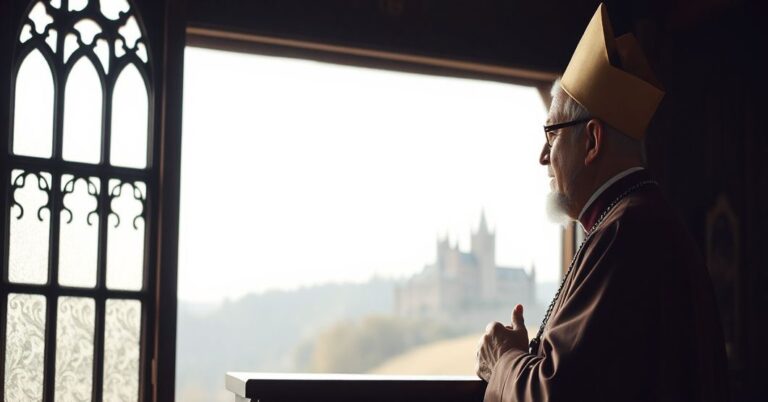 Biskup katolicki modli się w starym kościele przed ołtarzem z różańcem w ręku, symbolizując potrzebę duchowego przywrócenia Litwy do Kierownictwa Chrystusowego