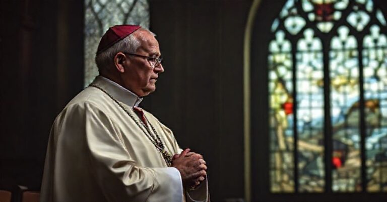 Katolicki biskup w tradycyjnych szatach modlący się w kościele przed widokiem wojny widocznym przez witrażową okno.