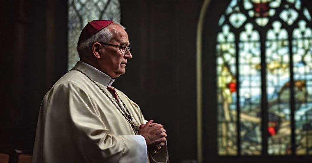 Katolicki biskup w tradycyjnych szatach modlący się w kościele przed widokiem wojny widocznym przez witrażową okno.