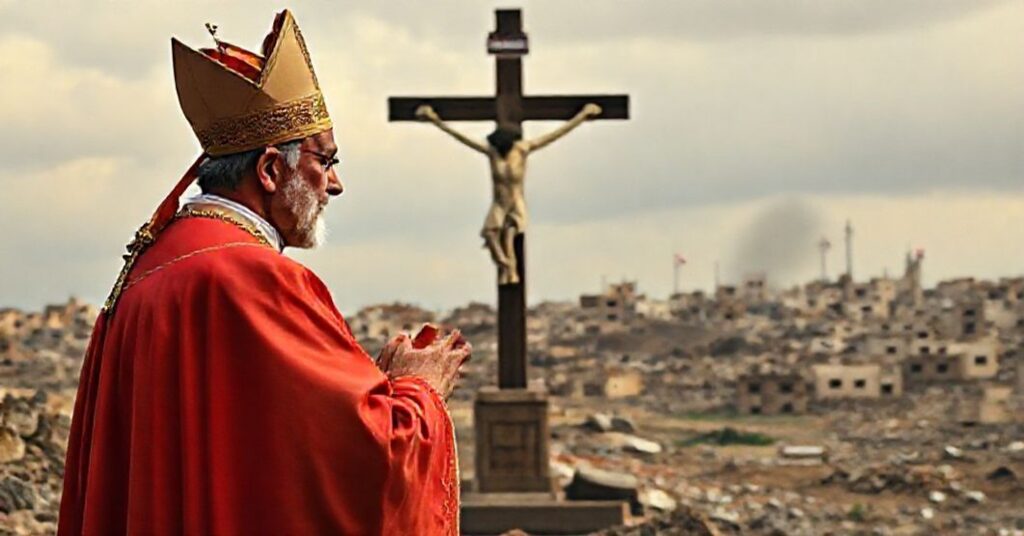 Biskup w tradycyjnych szatach liturgicznych modli się przed krzyżem na tle spustoszonej Strefy Gazy.