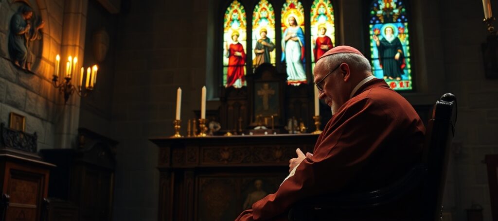 Tradycyjny biskup katolicki w pełnym stroju liturgicznym modli się przed starym ołtarzem z tabernakulum w języku łacińskim.