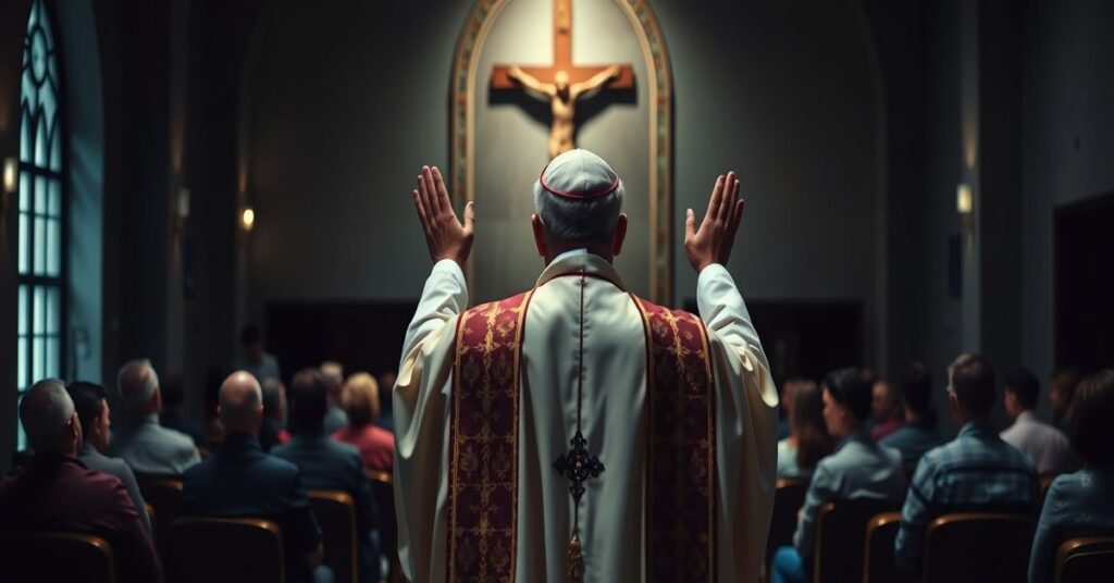 Biskup w tradycyjnych szatach modli się przed krzyżem w ciemnym kościele, kontrastując z grupą młodych ludzi słuchających świeckiego psychologa w nowoczesnej sali konferencyjnej.