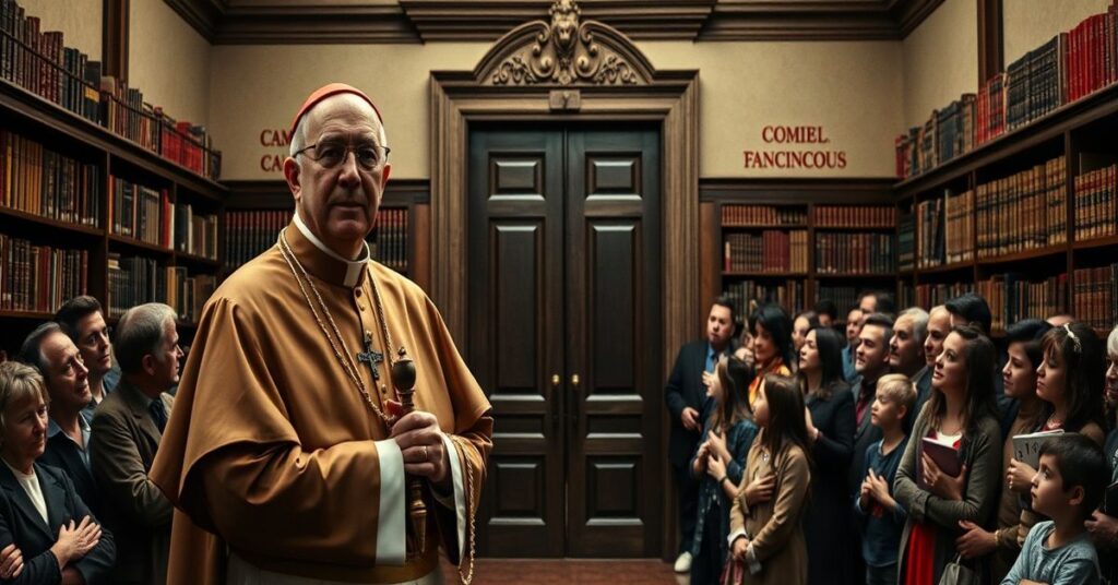 Biskup w tradycyjnych szatach modli się przed biblioteką w Tennessee z rodzicami i dziećmi w tle