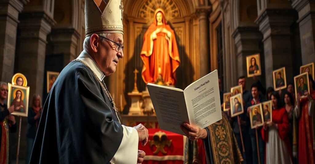 Tradycyjny biskup modli się przed statuą Niepokalanego Serca Maryi na tle protestujących wiernych przeciw dokumentowi "Mater Populi fidelis"