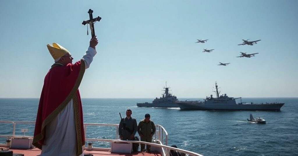 Biskup katolicki modli się na pokładzie porwanego tankowca przy wybrzeżu Somalii z widokiem sił Unii Europejskiej w tle.