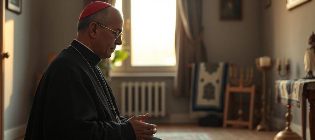 Biskup katolicki modlący się w domu z symbolami żydowskimi - krytyka współpracy USCCB z ADF w sprawie wolności religijnej przeciwko prawom Chrystusa Króla