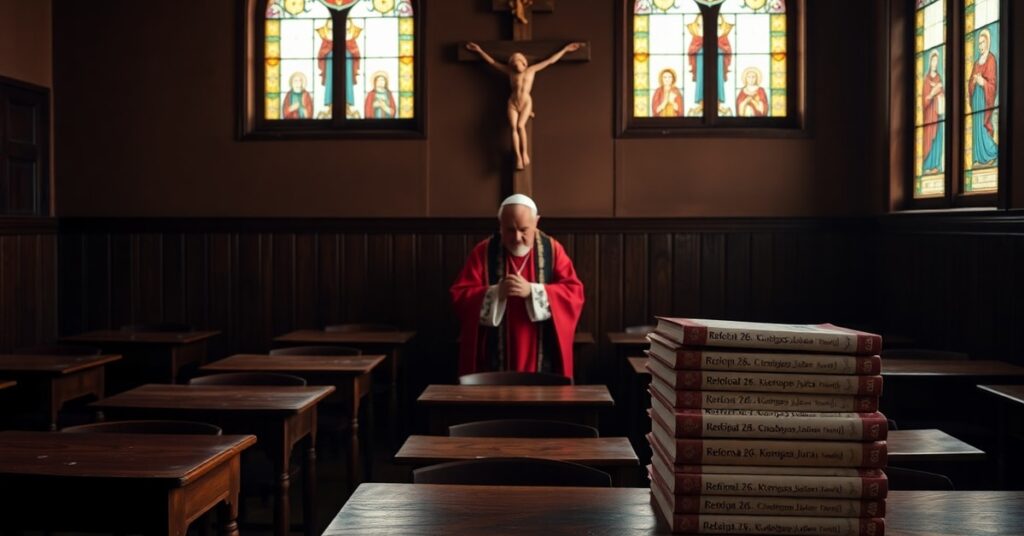 Salowa klasa katolicka z biskupem na modlitwie - symbol marginalizacji religii w polskich szkołach