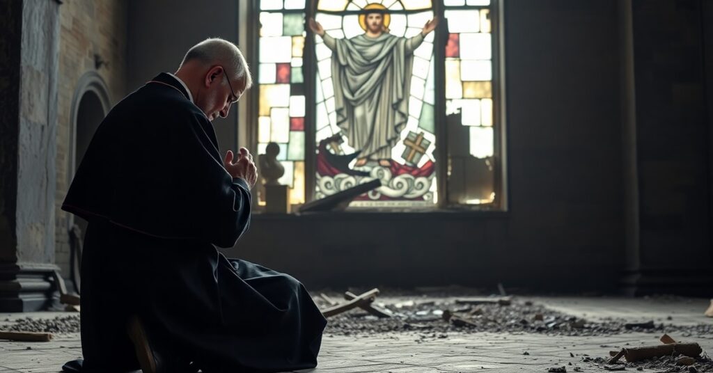 Biskup modlący się w zrujnowanym kościele z potrzaskanymi witrażami - symbol prześladowanego Kościoła w komunistycznej Polsce