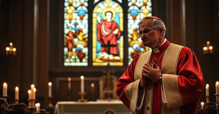 Katolicki biskup w tradycyjnych szatach modli się w kościele przy świetle świec. Scena symbolizuje konflikt między polityką a misją duchową Kościoła.