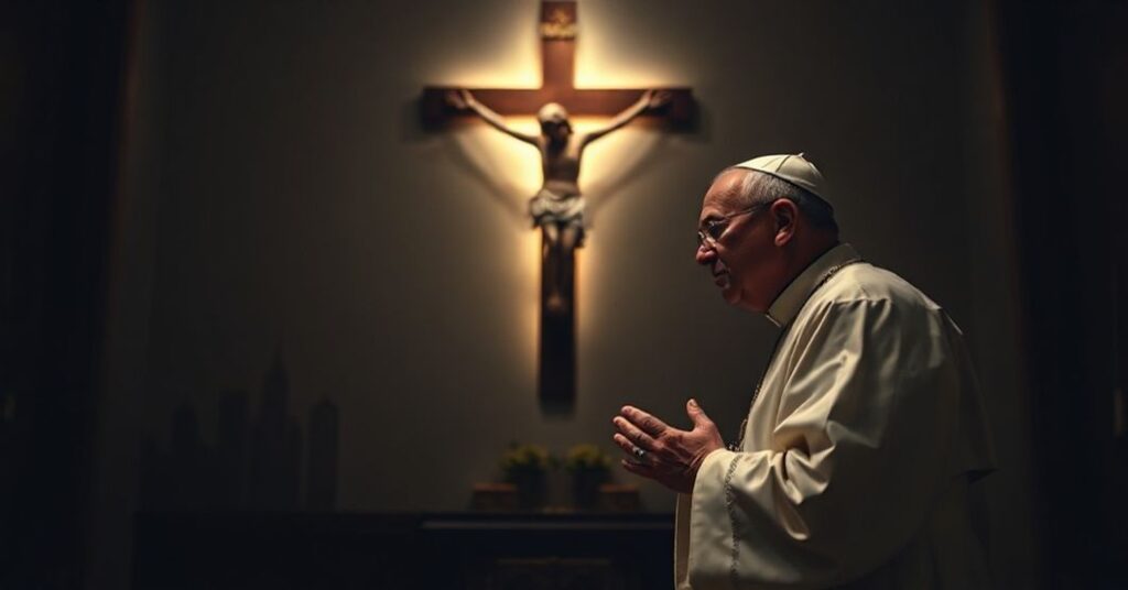 Biskup w tradycyjnych ornatach modli się przed krzyżem w ciemnym kościele, symbolizując walkę o prawdziwe królestwo Chrystusa nad narodami.