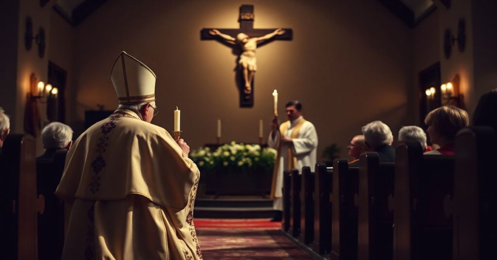 Catoliccy biskup w tradycyjnych szatach liturgicznych modli się przed krzyżem w ciemnej kościele. W tle stojący kapłan trzyma świecę, a rodzina smutna patrzy z ławki.