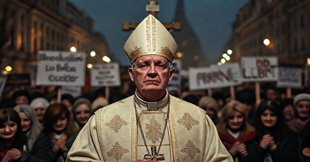 Katolicki biskup w tradycyjnych szatach liturgicznych trzyma krzyż przed tłumem wiernych w modlitwie. Na tle protesty przeciwko aborcji i prawom LGBT.