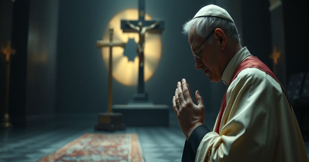 Biskup w tradycyjnych szatach modli się przed krzyżem w kaplicy z tłem symbolizującym wojnę nuklearną