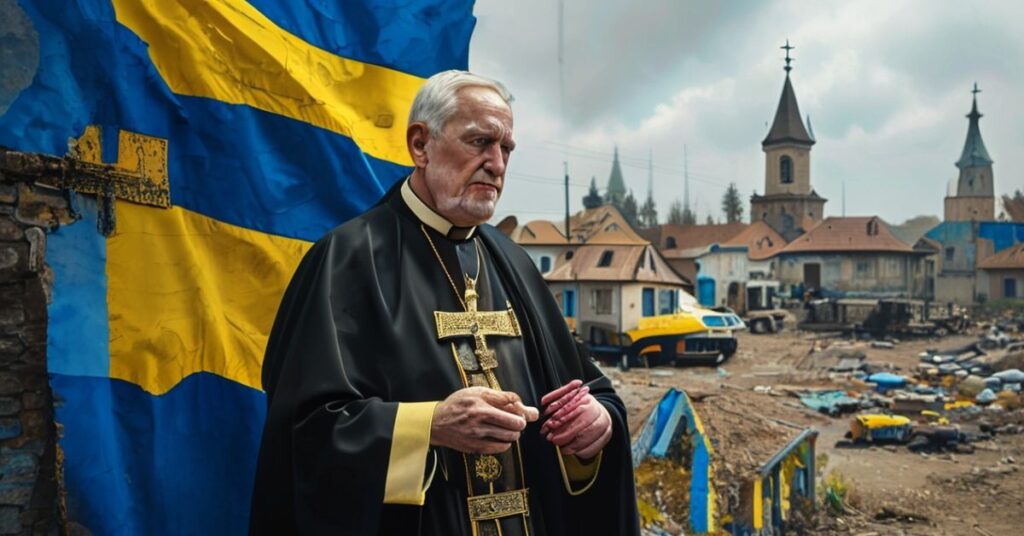 Biskup katolicki w tradycyjnych szatach modlących się przed zniszczonym kościołem w Ukrainie, z rosyjskimi pojazdami wojskowymi na tle.