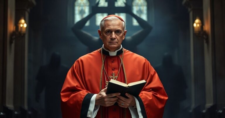 Biskup katolicki w tradycyjnej szacie liturgicznej modli się za społeczeństwo dotknięte ideologią genderową i przemocą