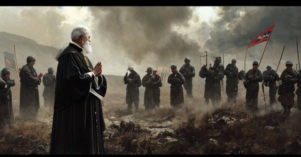 Biskup katolicki w tradycyjnych szatach modli się przed wojennym krajobrazem z żołnierzami NATO w tle, symbolizując odrzucenie Królestwa Chrystusa w współczesnej geopolityce