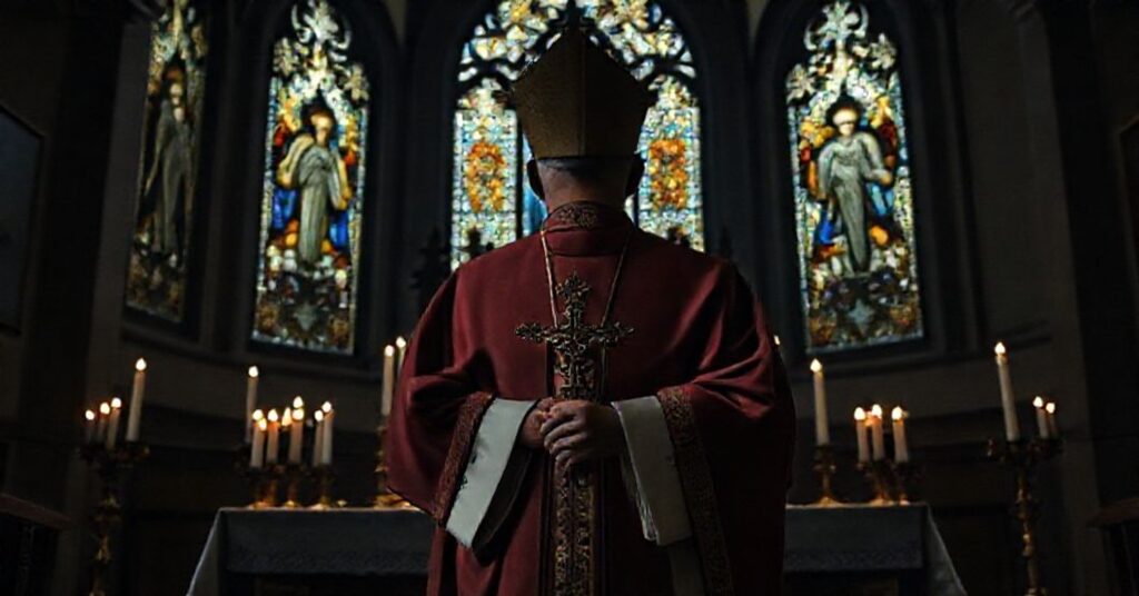 Biskup katolicki w tradycyjnych szatach modli się w ciemnym kościele przed ołtarzem z krzyżem, symbolizując moralne upadki współczesnej dyplomacji i zagrożenie dla Ukrainy.