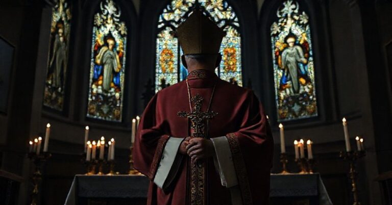 Biskup katolicki w tradycyjnych szatach modli się w ciemnym kościele przed ołtarzem z krzyżem, symbolizując moralne upadki współczesnej dyplomacji i zagrożenie dla Ukrainy.