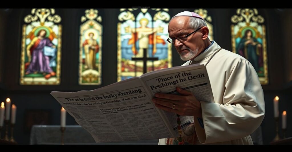 Tradycyjny katolicki biskup w ornamentach stojący przed ołtarzem z modlitewnikiem w ręku, patrząc na gazetę z nagłówkiem o strzelaninie w Waszyngtonie.