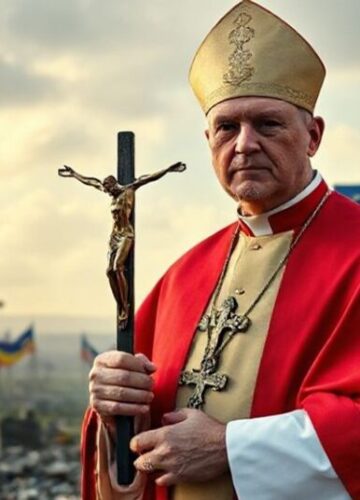 Biskup w modlitwie za pokój - duchowa walka o królestwo Chrystusa Katylicki biskup w tradycyjnych szatach liturgicznych stoi przed zniszczonym krajobrazem Ukrainy, trzymając krzyż, symbolizując duchową walkę przeciwko nowoczesnej geopolityce